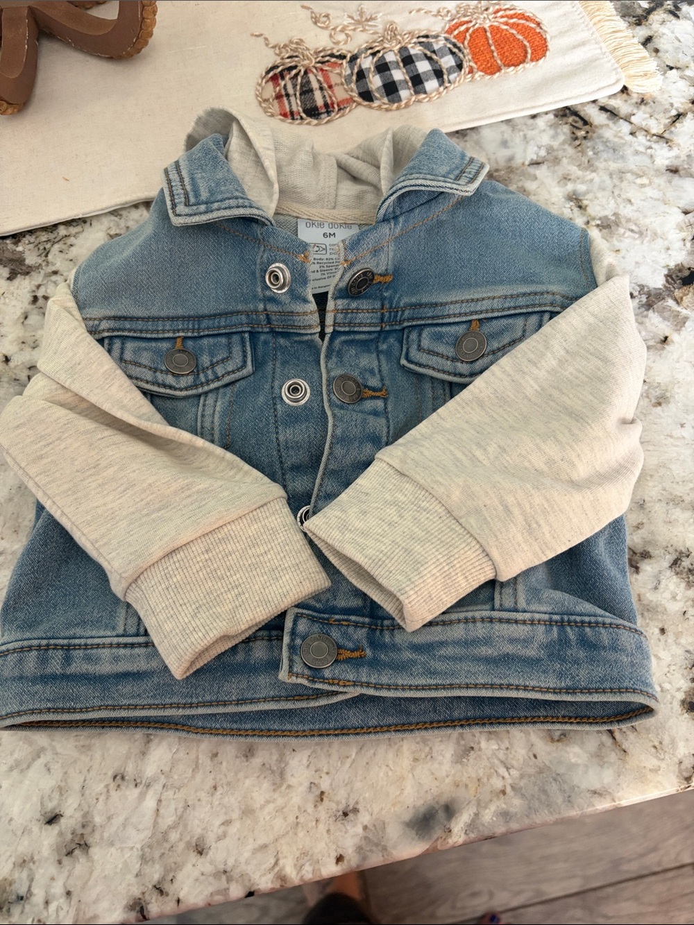 okie dokie Light Blue Denim Jacket with Cream Hoodie Sleeves